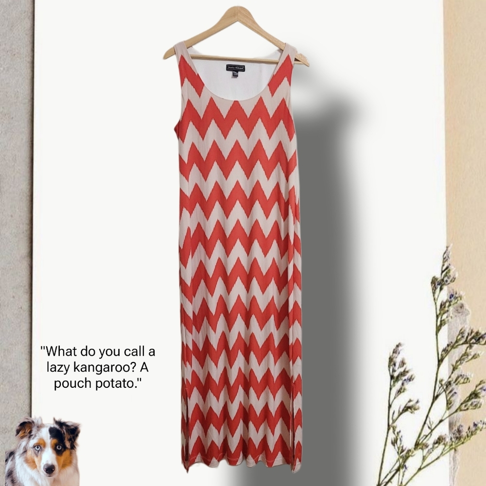 🌿Jessica Howard Women' Large Coral & Khaki Chevron Sleeveless Maxi Dress - Picture 11 of 12
